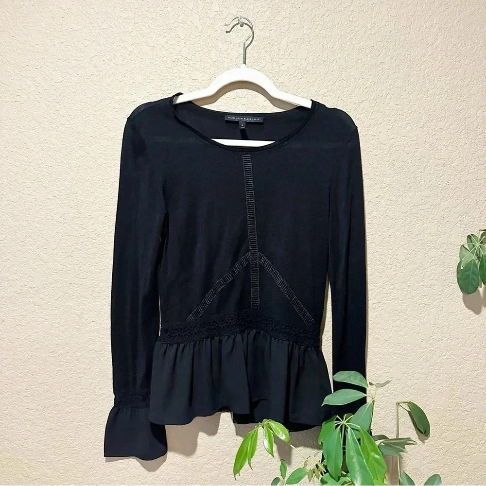 White House Black Market Black V-Neck Soft Knit Peplum Blouse Top Size Small
